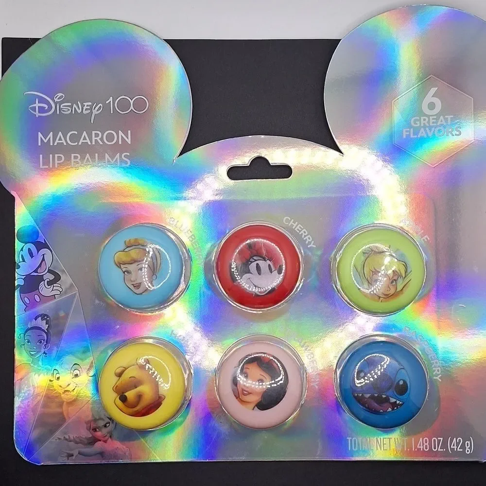 Disney 100 macaron lip balms 6 great flavors Tinkerbell Stitch Pooh gift set